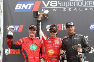  Greg Murphy on the podium for his round one win at Hampton Downs.
